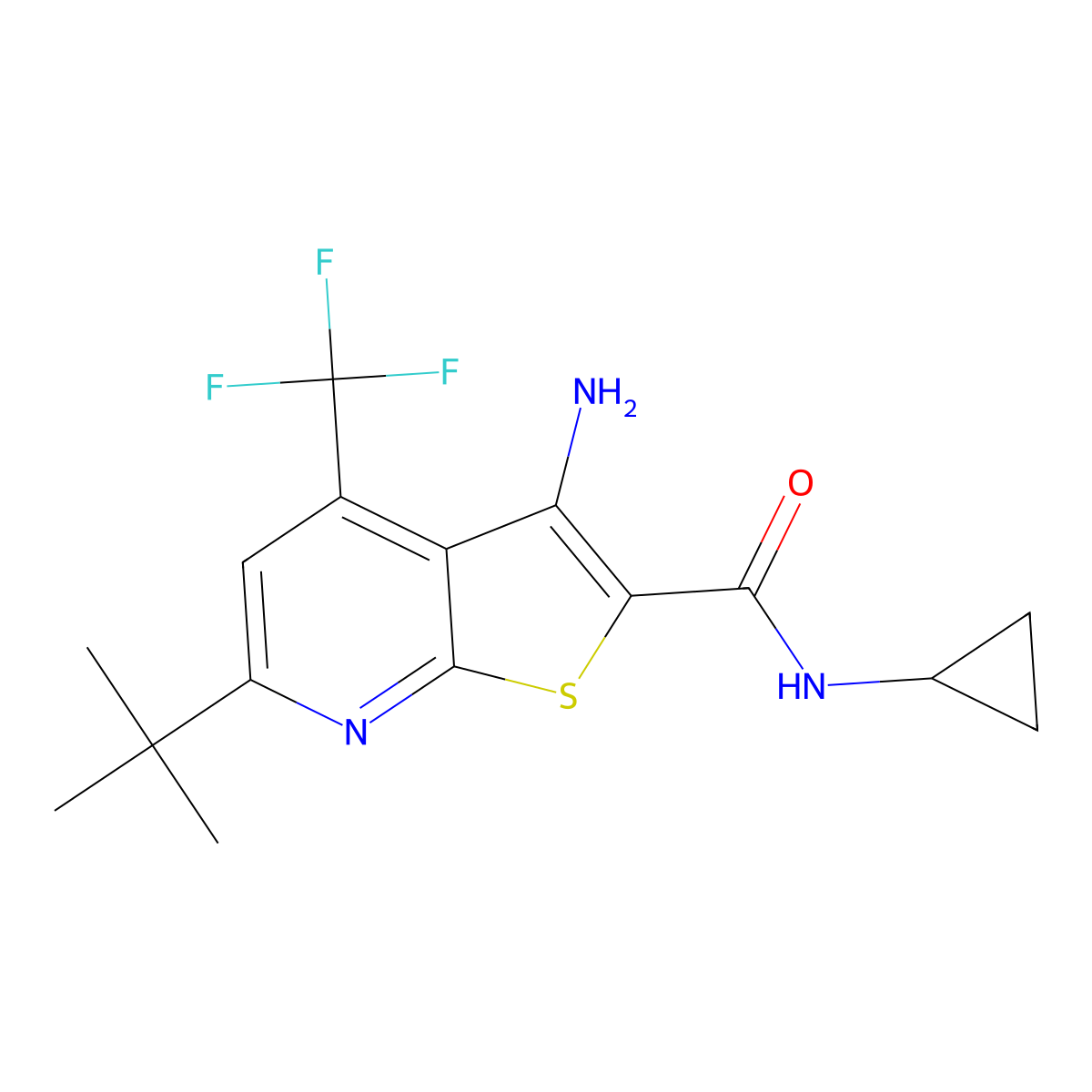 3-amino-6-tert-butyl-N-cyclopropyl-4-(trifluoromethyl)thieno[2,3-b]pyridine-2-carboxamide molecular structure, CAS 445390-79-4