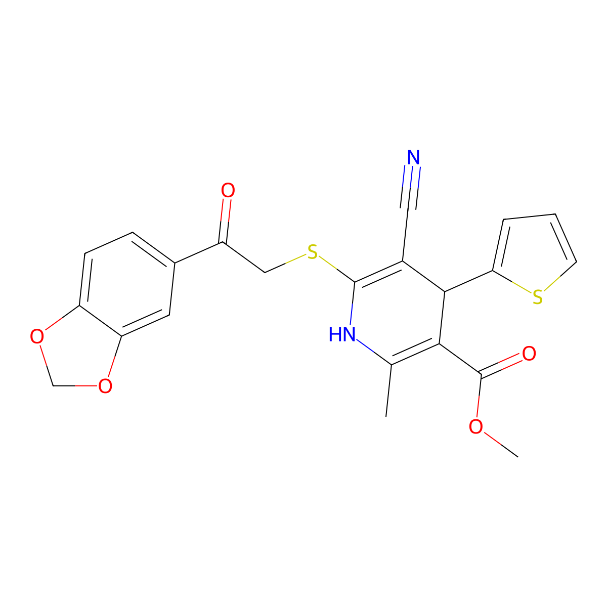 Methyl 6-{[2-(1,3-benzodioxol-5-yl)-2-oxoethyl]sulfanyl}-5-cyano-2-methyl-4-(2-thienyl)-1,4-dihydro-3-pyridinecarboxylate molecular structure, CAS 445390-83-0