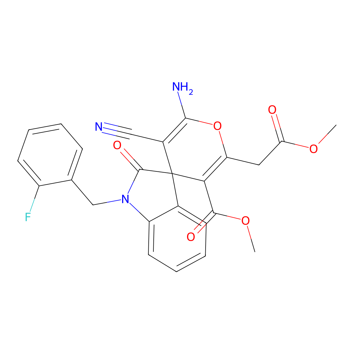 Methyl 2'-amino-3'-cyano-1-(2-fluorobenzyl)-6'-(2-methoxy-2-oxoethyl)-2-oxospiro[indoline-3,4'-pyran]-5'-carboxylate molecular structure, CAS 445390-89-6