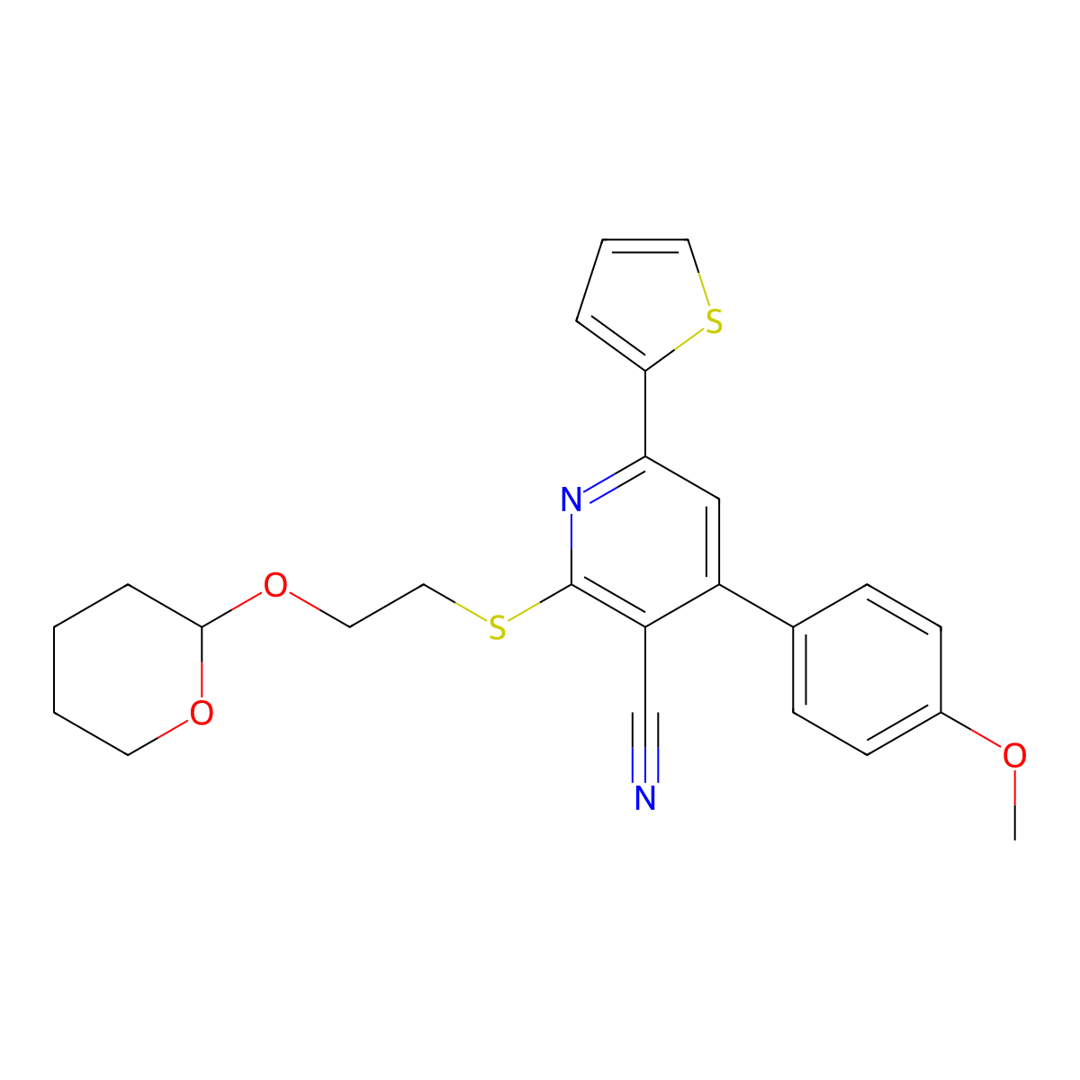 4-(4-Methoxyphenyl)-2-[2-(oxan-2-yloxy)ethylsulfanyl]-6-thiophen-2-ylpyridine-3-carbonitrile molecular structure, CAS 445390-91-0