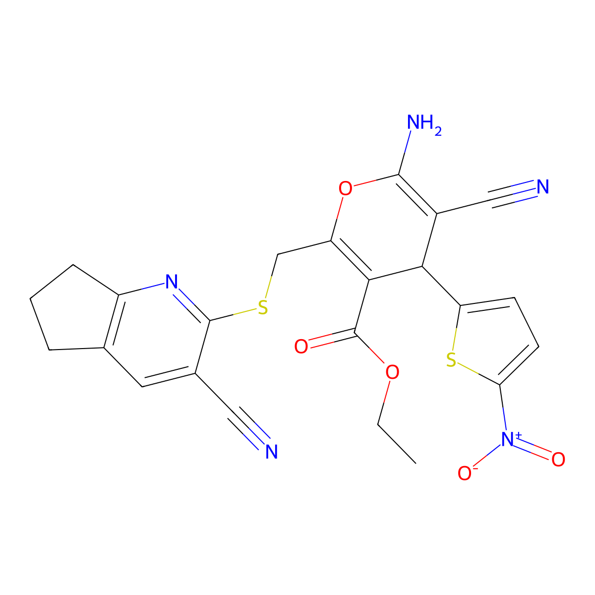 ethyl 6-amino-5-cyano-2-[(3-cyano-6,7-dihydro-5H-cyclopenta[b]pyridin-2-yl)sulfanylmethyl]-4-(5-nitrothiophen-2-yl)-4H-pyran-3-carboxylate molecular structure, CAS 445390-92-1