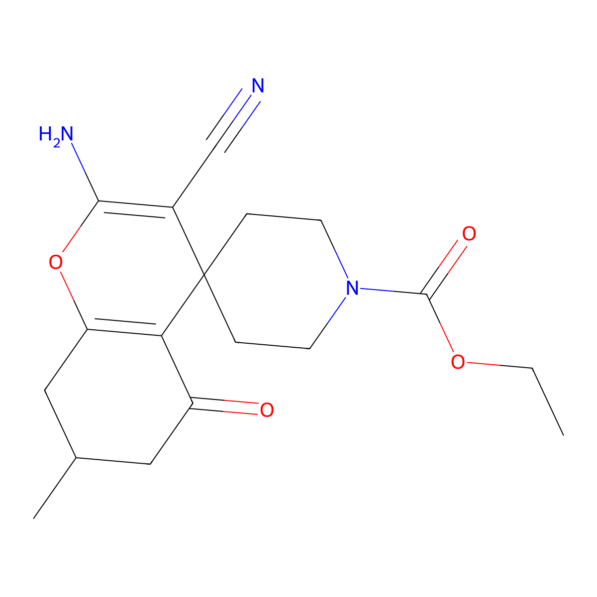 ethyl 2-amino-3-cyano-7-methyl-5-oxospiro[7,8-dihydro-6H-chromene-4,4'-piperidine]-1'-carboxylate molecular structure, CAS 445390-97-6