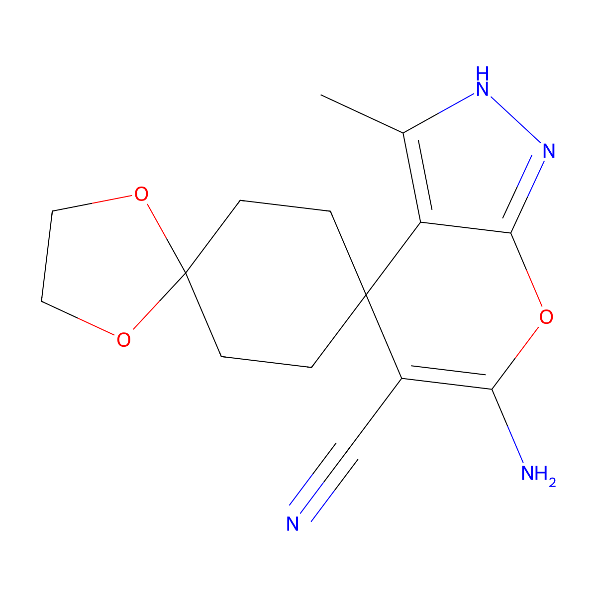 6''-amino-3''-methyl-2''H-dispiro[1,3-dioxolane-2,1'-cyclohexane-4',4''-pyrano[2,3-c]pyrazole]-5''-carbonitrile molecular structure, CAS 445390-98-7