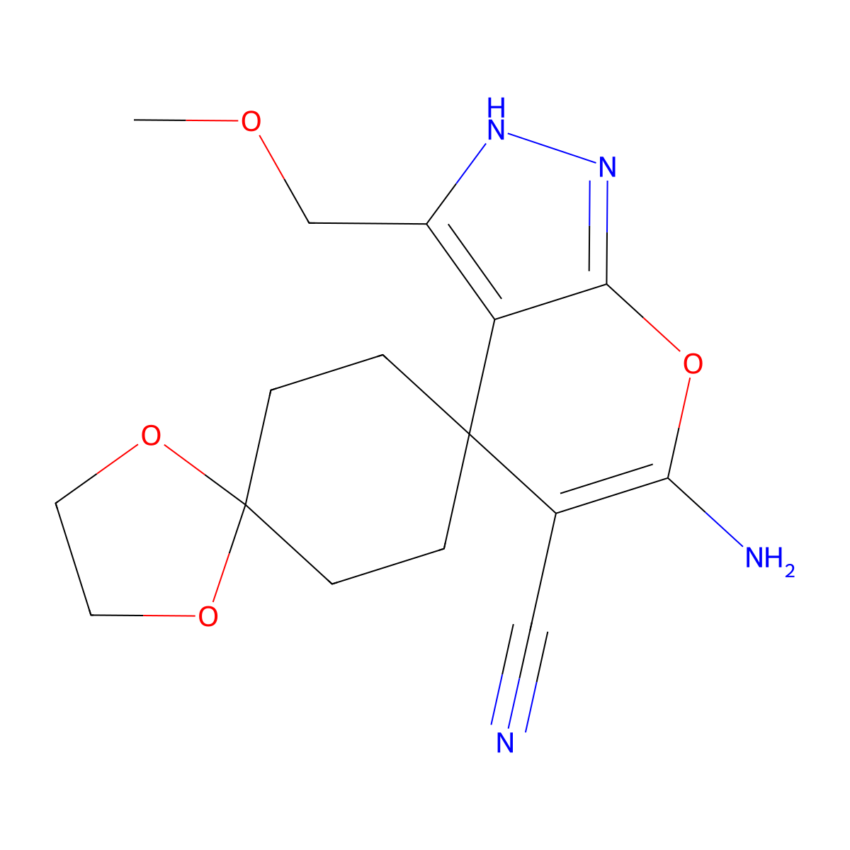 6-amino-3-(methoxymethyl)-2H-dispiro[1,3-dioxolane-2,1-cyclohexane-4,4-pyrano[2,3-c]pyrazole]-5-carbonitrile molecular structure, CAS 445390-99-8