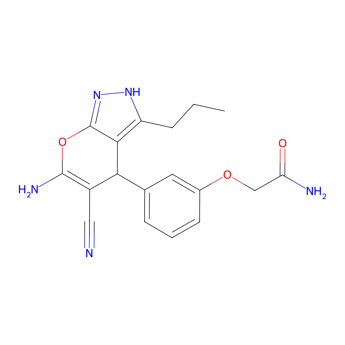 2-[3-(6-Amino-5-cyano-3-propyl-2,4-dihydropyrano[2,3-c]pyrazol-4-yl)phenoxy]acetamide molecular structure, CAS 445391-01-5