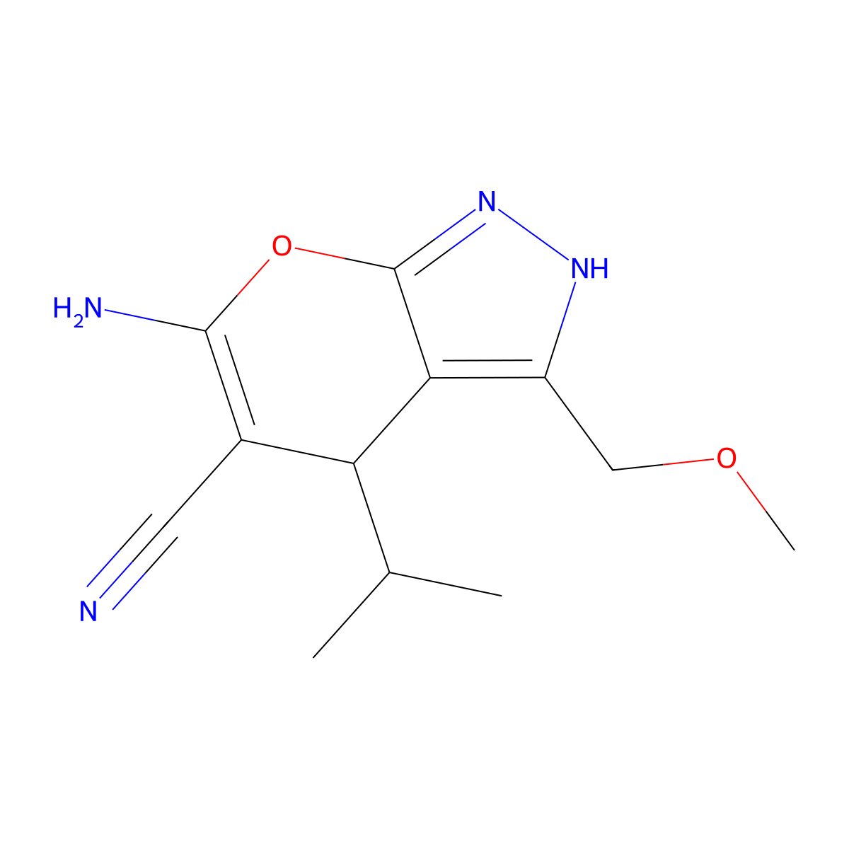 6-Amino-3-(methoxymethyl)-4-propan-2-yl-2,4-dihydropyrano[2,3-c]pyrazole-5-carbonitrile molecular structure, CAS 445391-05-9