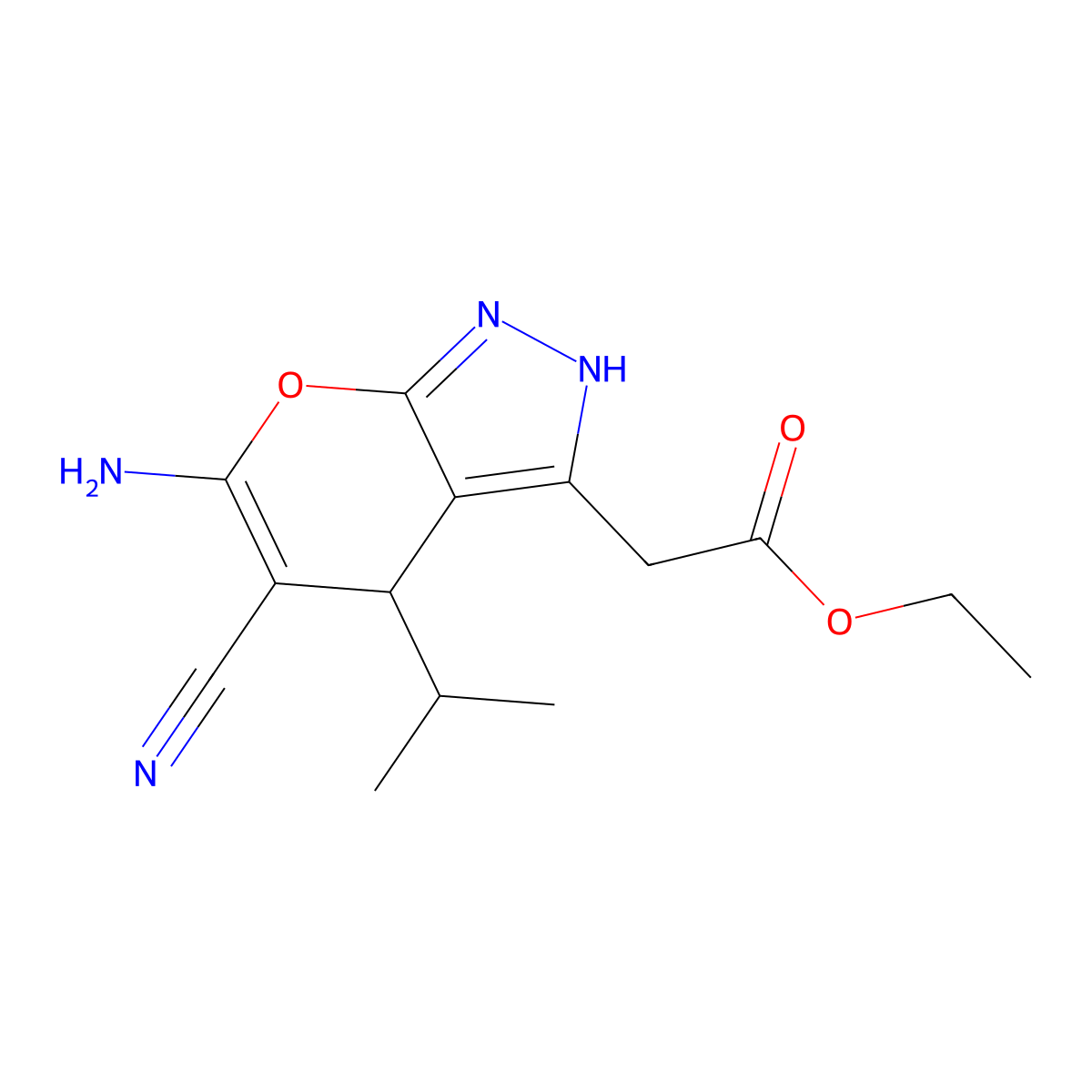 Ethyl 2-(6-amino-5-cyano-4-propan-2-yl-2,4-dihydropyrano[2,3-c]pyrazol-3-yl)acetate molecular structure, CAS 445391-06-0