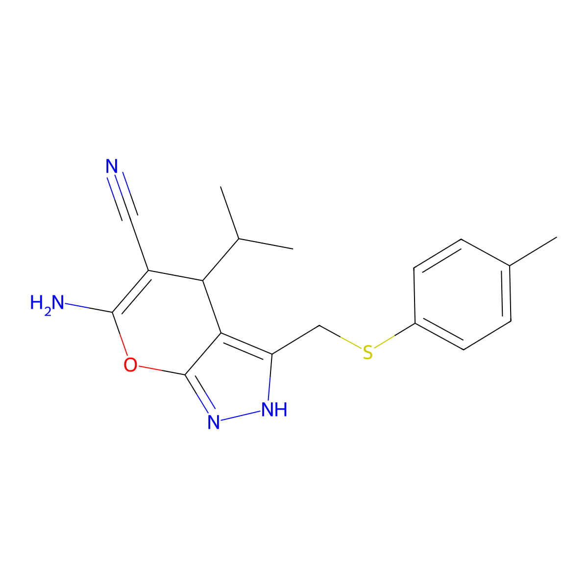 6-Amino-3-[(4-methylphenyl)sulfanylmethyl]-4-propan-2-yl-2,4-dihydropyrano[2,3-c]pyrazole-5-carbonitrile molecular structure, CAS 445391-07-1