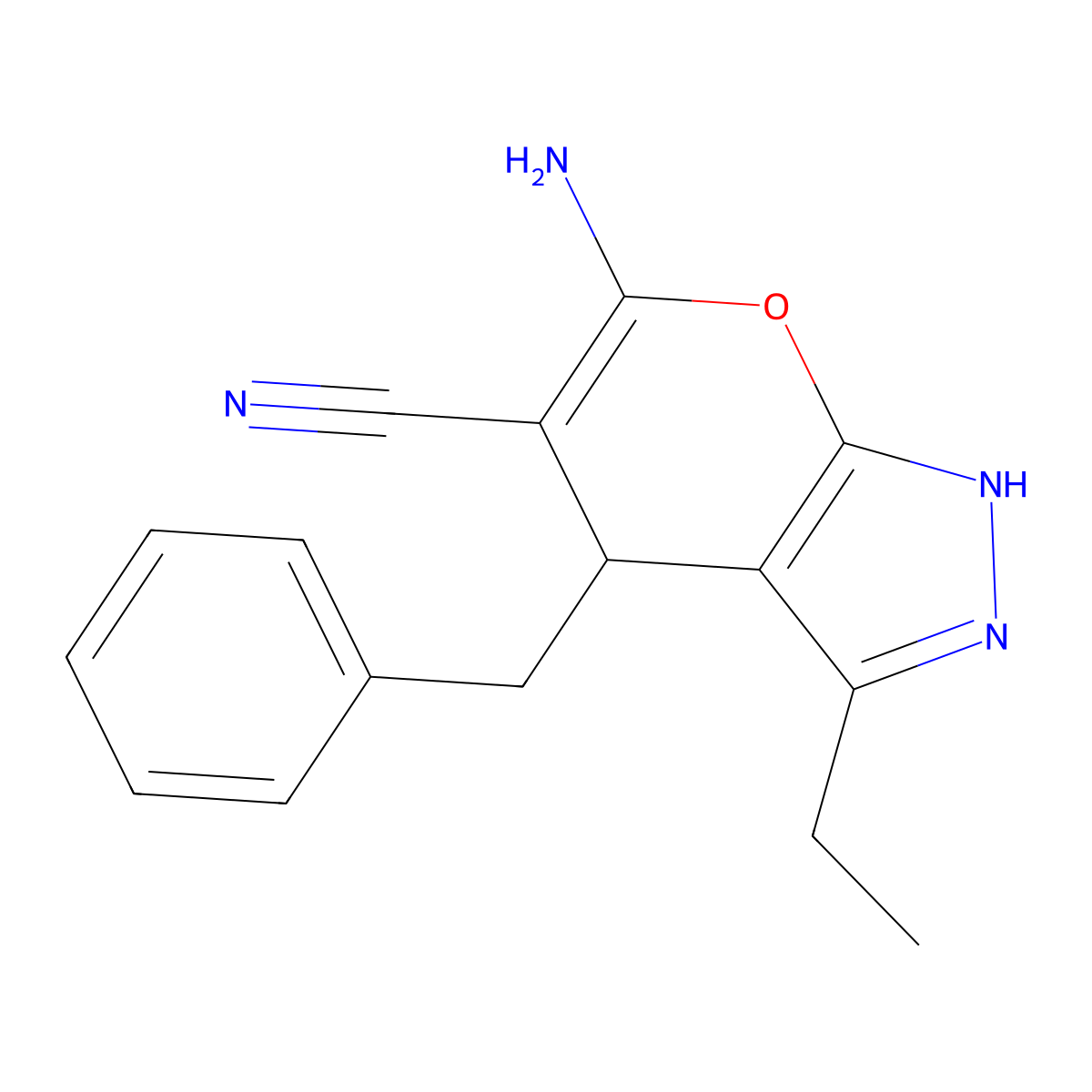 6-Amino-4-benzyl-3-ethyl-2,4-dihydropyrano[2,3-c]pyrazole-5-carbonitrile molecular structure, CAS 445391-13-9