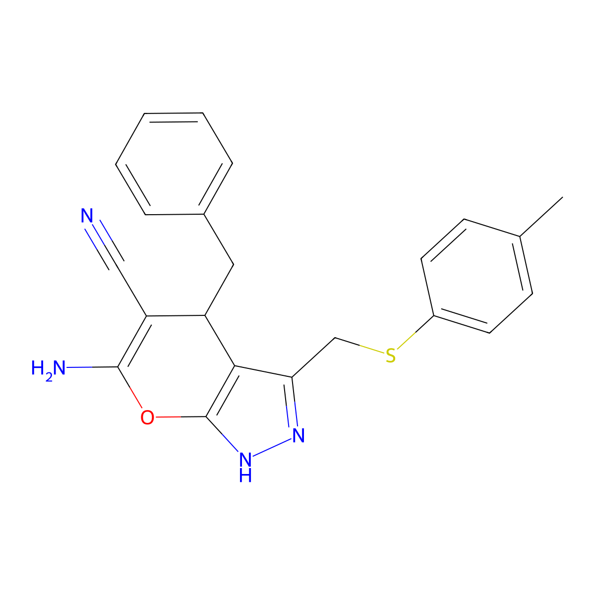 6-Amino-4-benzyl-3-[(4-methylphenyl)sulfanylmethyl]-2,4-dihydropyrano[2,3-c]pyrazole-5-carbonitrile molecular structure, CAS 445391-14-0