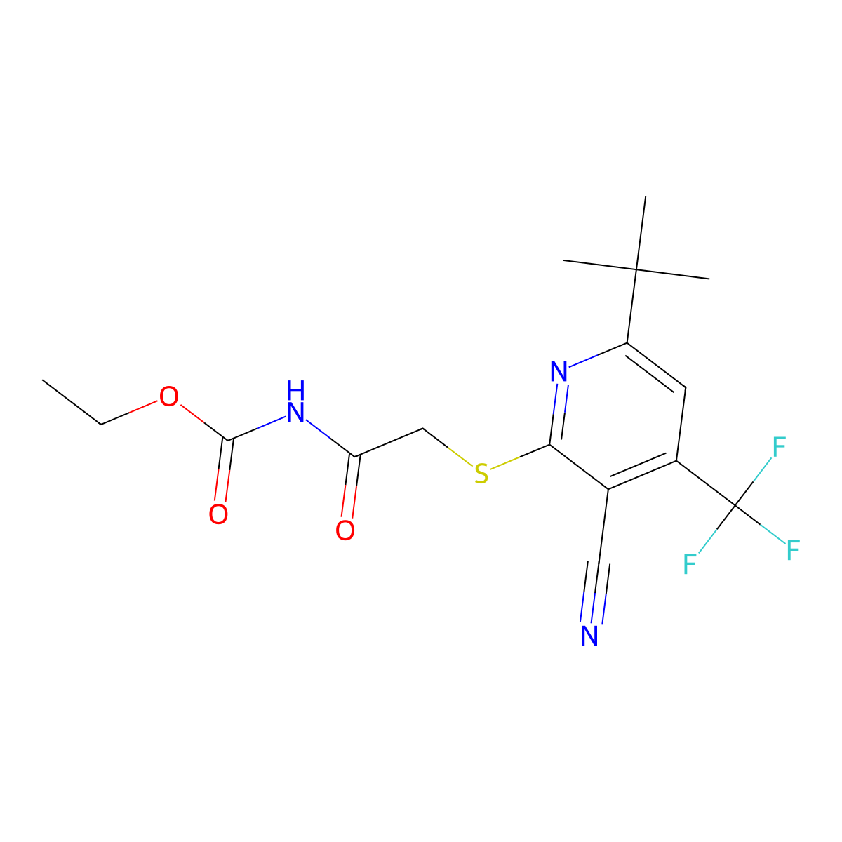 Ethyl ({[6-tert-butyl-3-cyano-4-(trifluoromethyl)pyridin-2-yl]sulfanyl}acetyl)carbamate molecular structure, CAS 445391-15-1