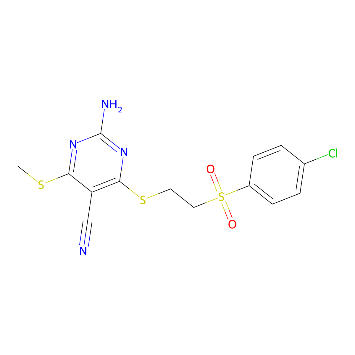 2-Amino-4-[2-(4-chlorophenyl)sulfonylethylsulfanyl]-6-methylsulfanylpyrimidine-5-carbonitrile molecular structure, CAS 445391-18-4
