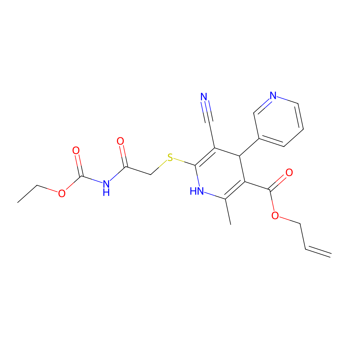 Prop-2-enyl 5-cyano-6-[2-(ethoxycarbonylamino)-2-oxoethyl]sulfanyl-2-methyl-4-pyridin-3-yl-1,4-dihydropyridine-3-carboxylate molecular structure, CAS 445391-36-6