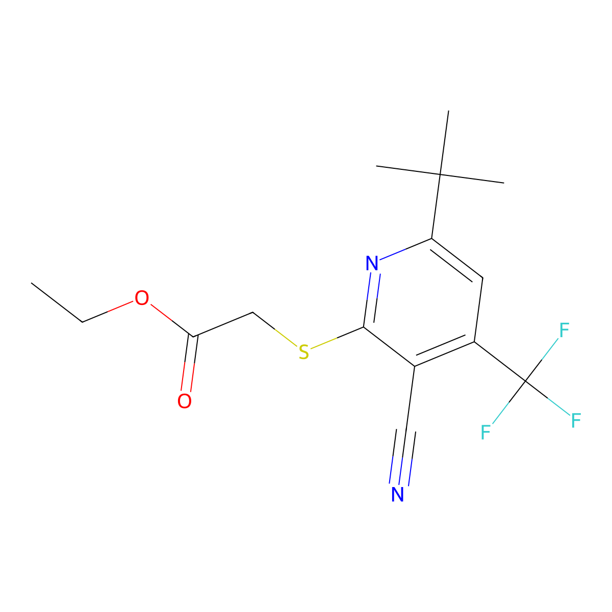 Ethyl 2-[6-tert-butyl-3-cyano-4-(trifluoromethyl)pyridin-2-yl]sulfanylacetate molecular structure, CAS 445391-37-7