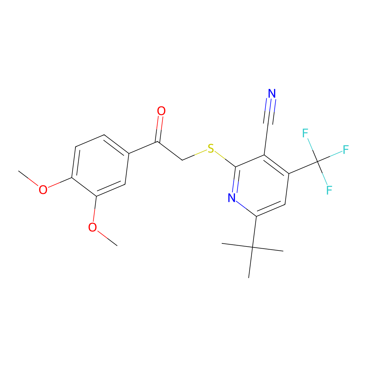 6-Tert-butyl-2-[2-(3,4-dimethoxyphenyl)-2-oxoethyl]sulfanyl-4-(trifluoromethyl)pyridine-3-carbonitrile molecular structure, CAS 445391-39-9