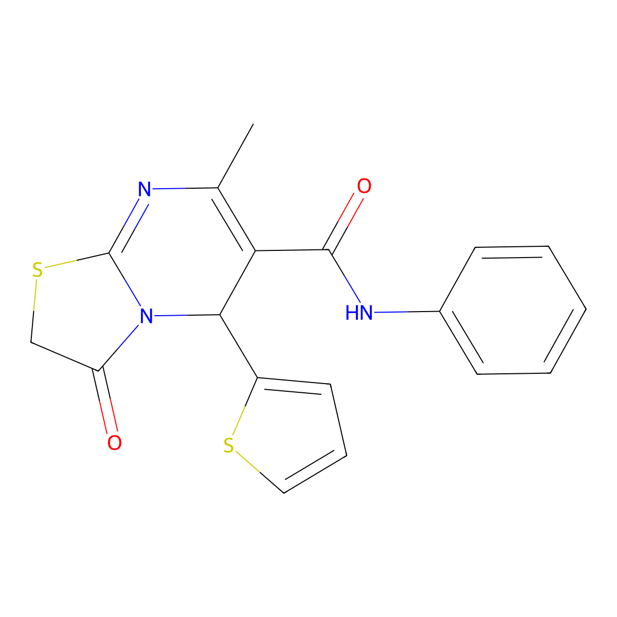 7-methyl-3-oxo-N-phenyl-5-(thiophen-2-yl)-3,5-dihydro-2H-thiazolo[3,2-a]pyrimidine-6-carboxamide molecular structure, CAS 445404-88-6