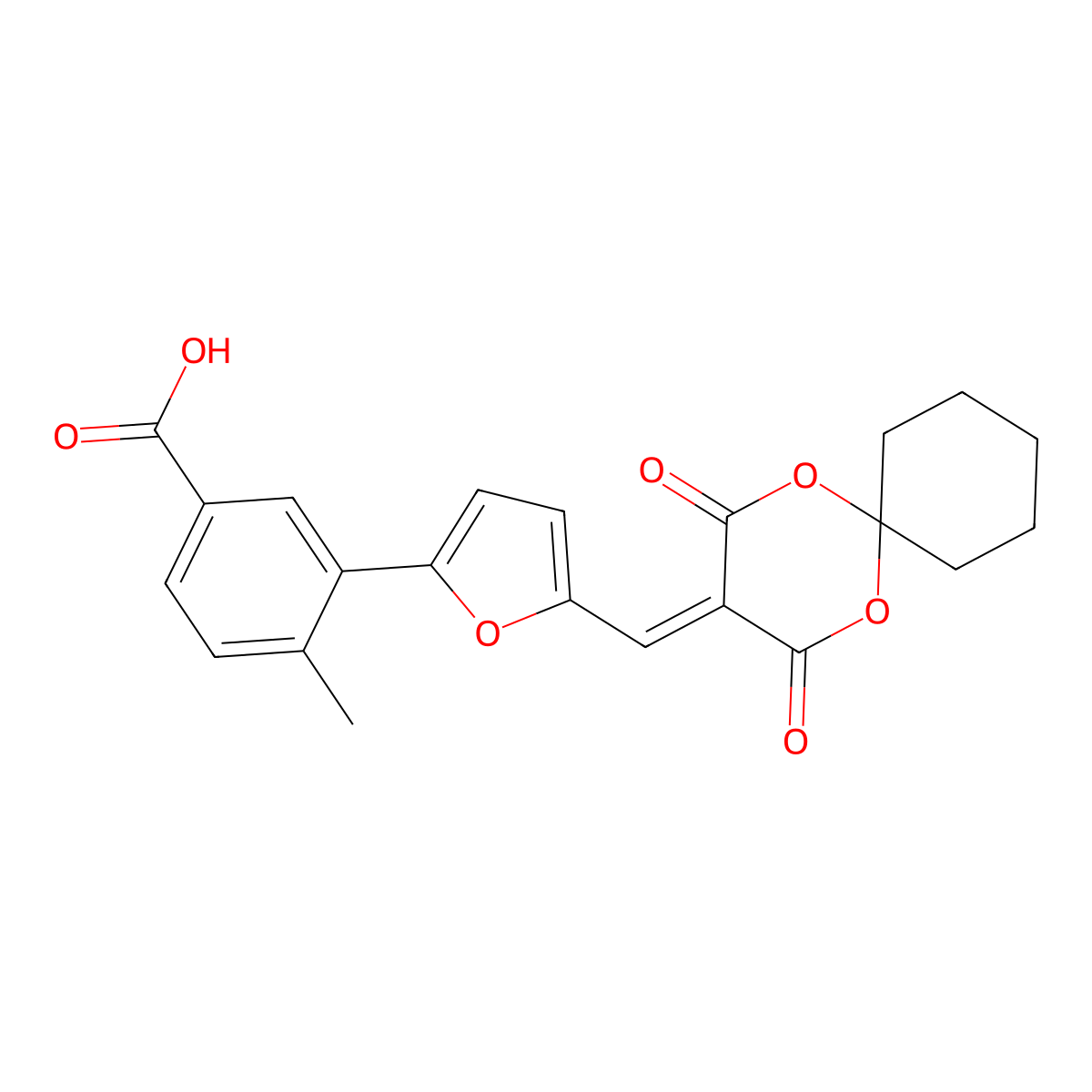 3-{5-[(2,4-Dioxo-1,5-dioxaspiro[5.5]undec-3-ylidene)methyl]-2-furyl}-4-methylbenzoic acid molecular structure, CAS 445405-10-7