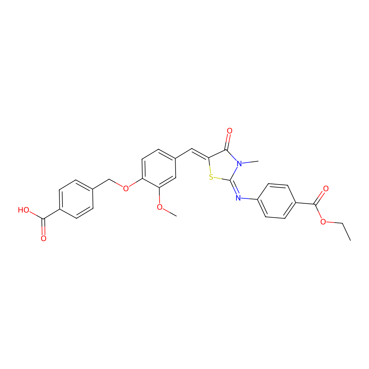 4-[[4-[(Z)-[2-(4-ethoxycarbonylphenyl)imino-3-methyl-4-oxo-1,3-thiazolidin-5-ylidene]methyl]-2-methoxyphenoxy]methyl]benzoic acid molecular structure, CAS 445406-82-6