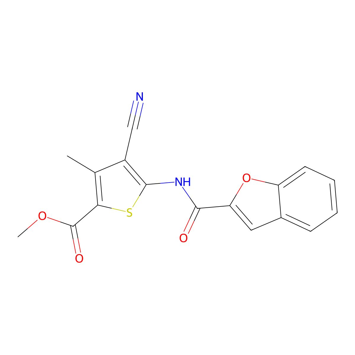 Methyl 5-(1-benzofuran-2-carbonylamino)-4-cyano-3-methylthiophene-2-carboxylate molecular structure, CAS 445415-76-9