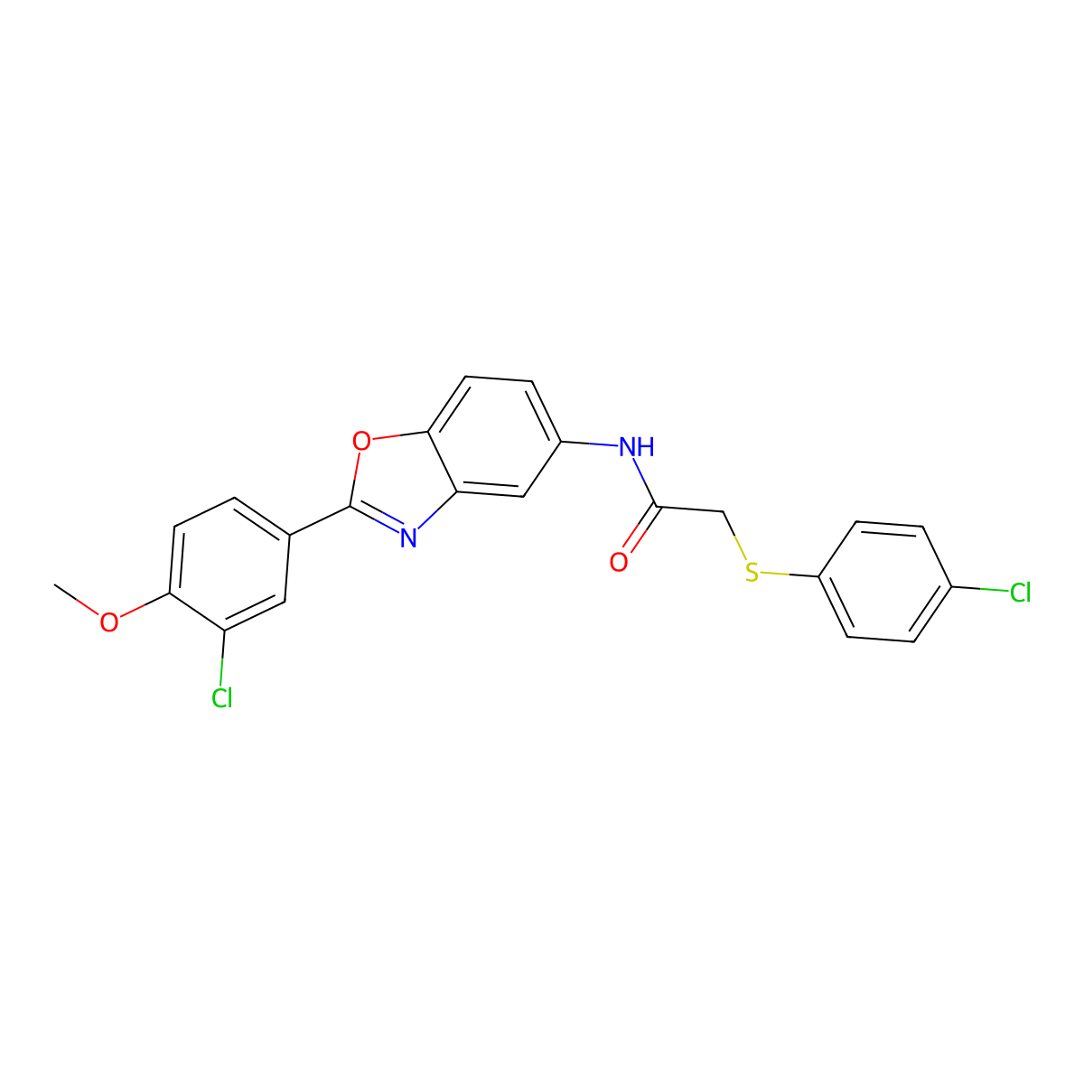 N-[2-(3-chloro-4-methoxyphenyl)-1,3-benzoxazol-5-yl]-2-[(4-chlorophenyl)sulfanyl]acetamide molecular structure, CAS 445416-05-7