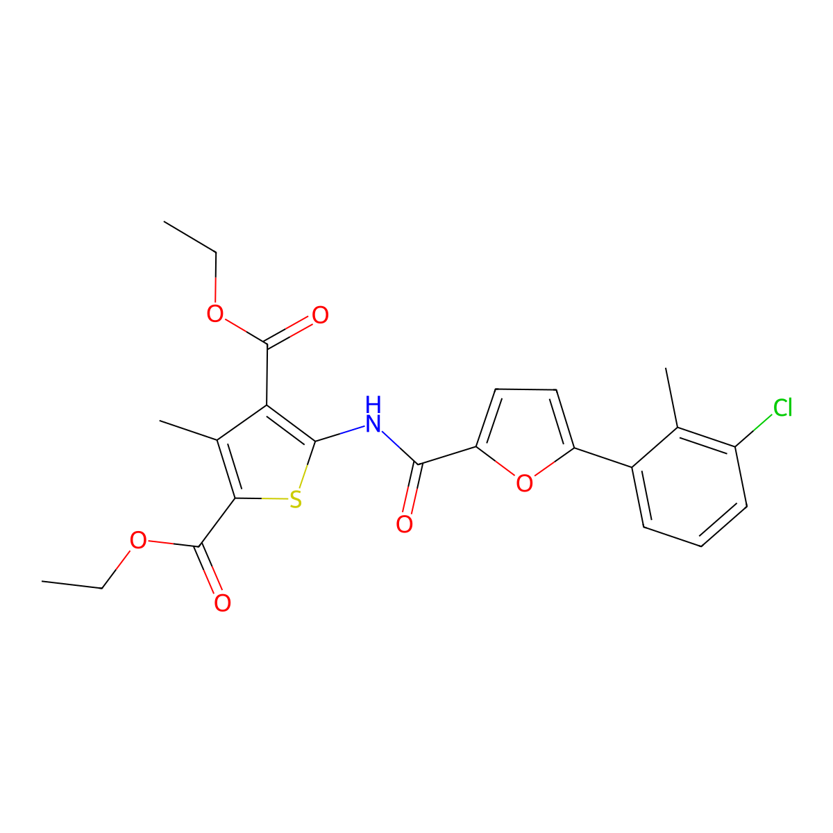 Diethyl 5-[[5-(3-chloro-2-methylphenyl)furan-2-carbonyl]amino]-3-methylthiophene-2,4-dicarboxylate molecular structure, CAS 445416-38-6