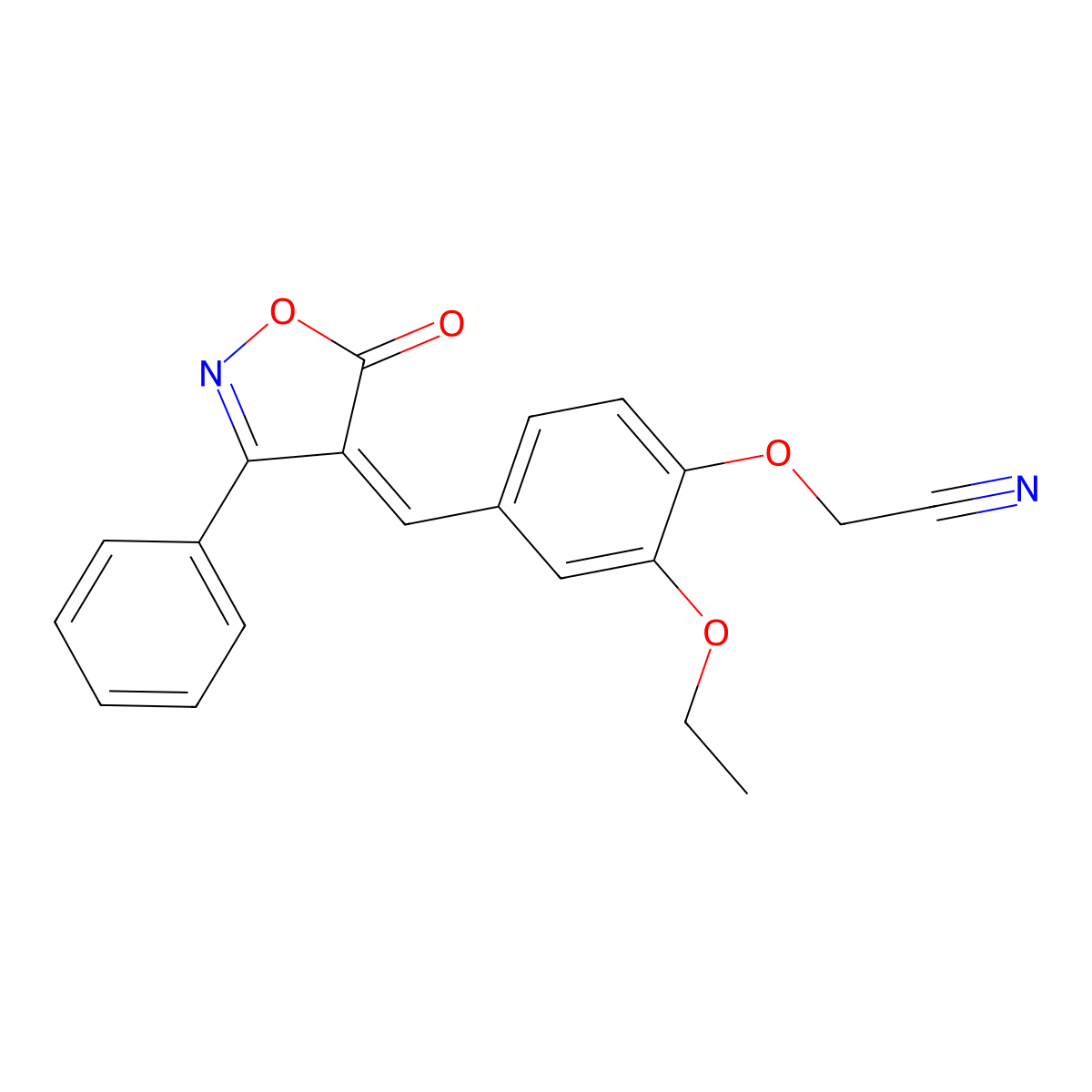 2-[2-Ethoxy-4-[(5-oxo-3-phenyl-4(5H)-isoxazolylidene)methyl]phenoxy]acetonitrile molecular structure, CAS 445416-62-6