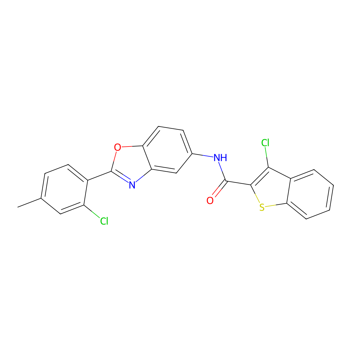 3-chloro-N-[2-(2-chloro-4-methylphenyl)-1,3-benzoxazol-5-yl]-1-benzothiophene-2-carboxamide molecular structure, CAS 445416-71-7