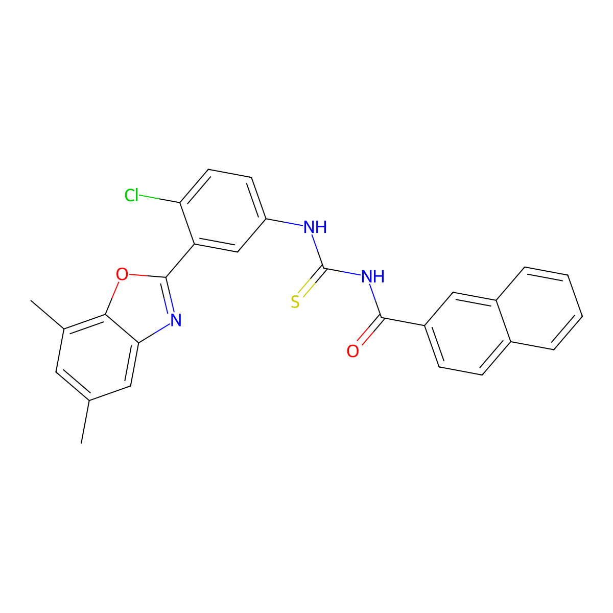 N-{[4-chloro-3-(5,7-dimethyl-1,3-benzoxazol-2-yl)phenyl]carbamothioyl}naphthalene-2-carboxamide molecular structure, CAS 445416-93-3