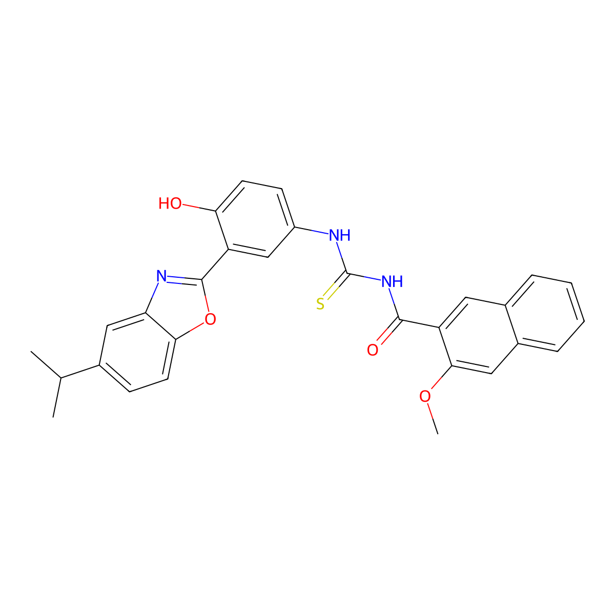 N-[4-hydroxy-3-(5-isopropyl-1,3-benzoxazol-2-yl)phenyl]-N'-(3-methoxy-2-naphthoyl)thiourea molecular structure, CAS 445418-21-3