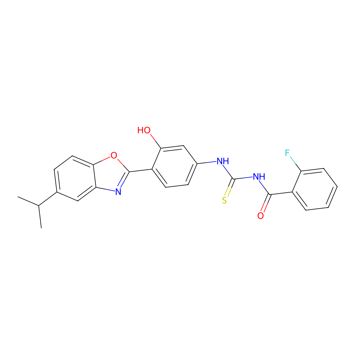 2-fluoro-N-({3-hydroxy-4-[5-(propan-2-yl)-1,3-benzoxazol-2-yl]phenyl}carbamothioyl)benzamide molecular structure, CAS 445418-33-7
