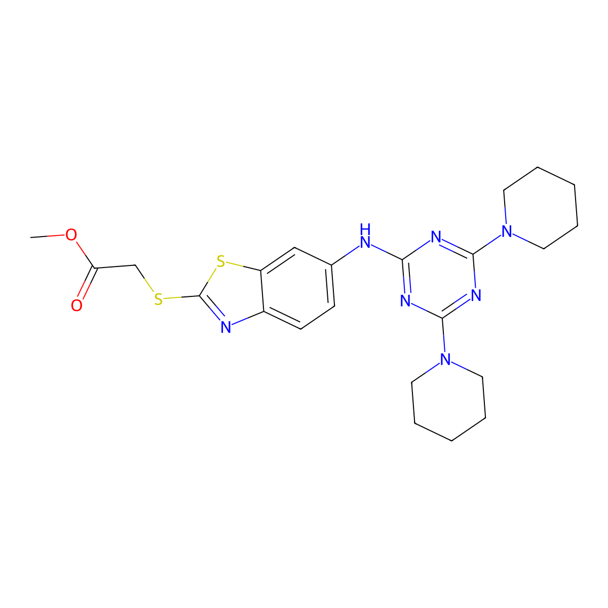 Methyl [(6-{[4,6-di(1-piperidinyl)-1,3,5-triazin-2-yl]amino}-1,3-benzothiazol-2-yl)sulfanyl]acetate molecular structure, CAS 445421-70-5