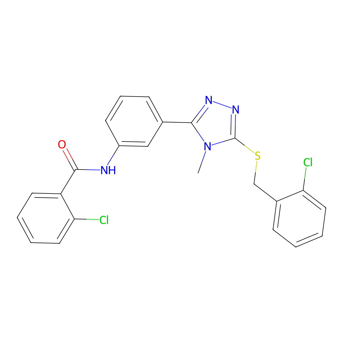 2-chloro-N-(3-{5-[(2-chlorobenzyl)sulfanyl]-4-methyl-4H-1,2,4-triazol-3-yl}phenyl)benzamide molecular structure, CAS 445422-44-6