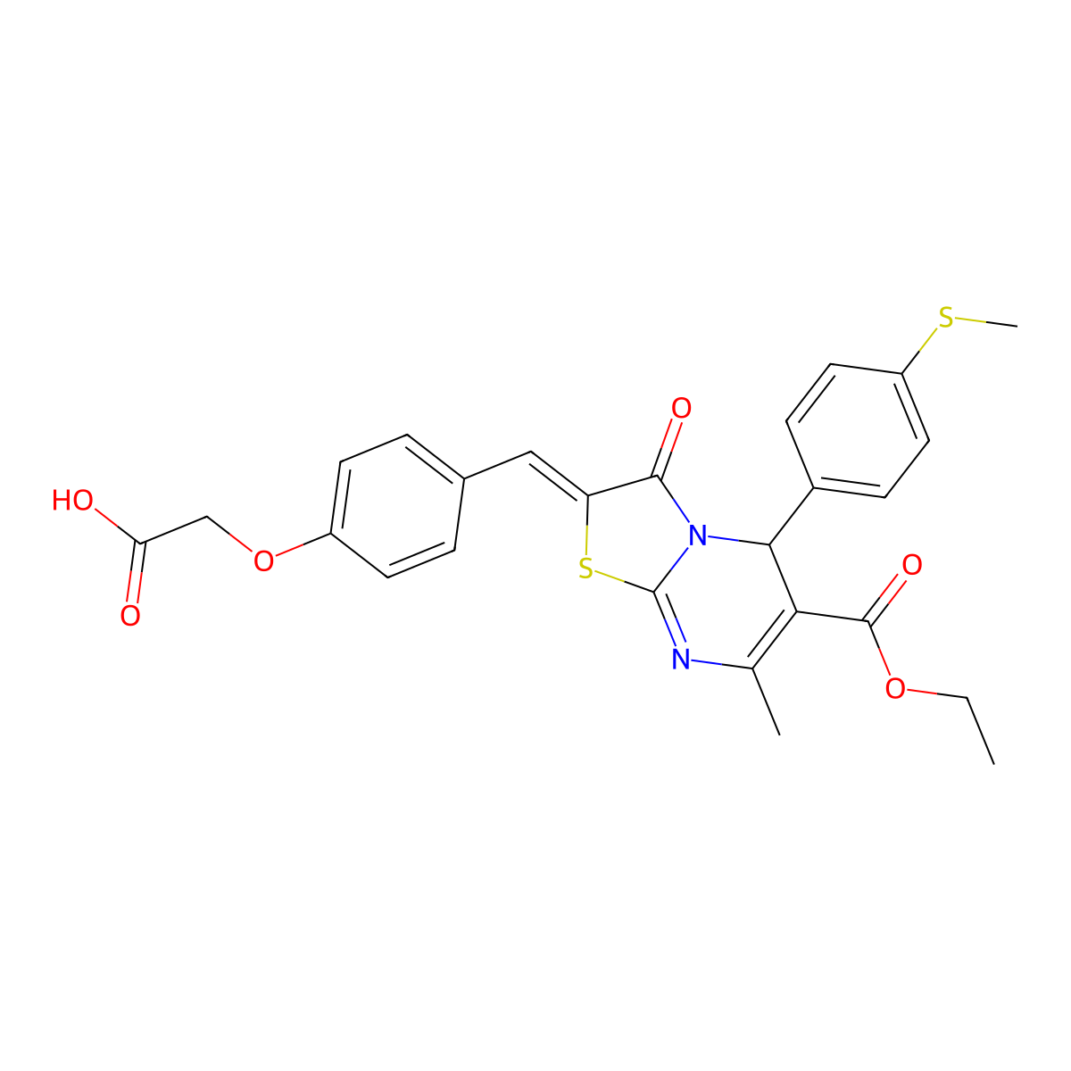 2-[4-[[6-ethoxycarbonyl-7-methyl-5-[4-(methylthio)phenyl]-3-oxo-5H-thiazolo[3,2-a]pyrimidin-2-ylidene]methyl]phenoxy]acetic acid molecular structure, CAS 445426-44-8