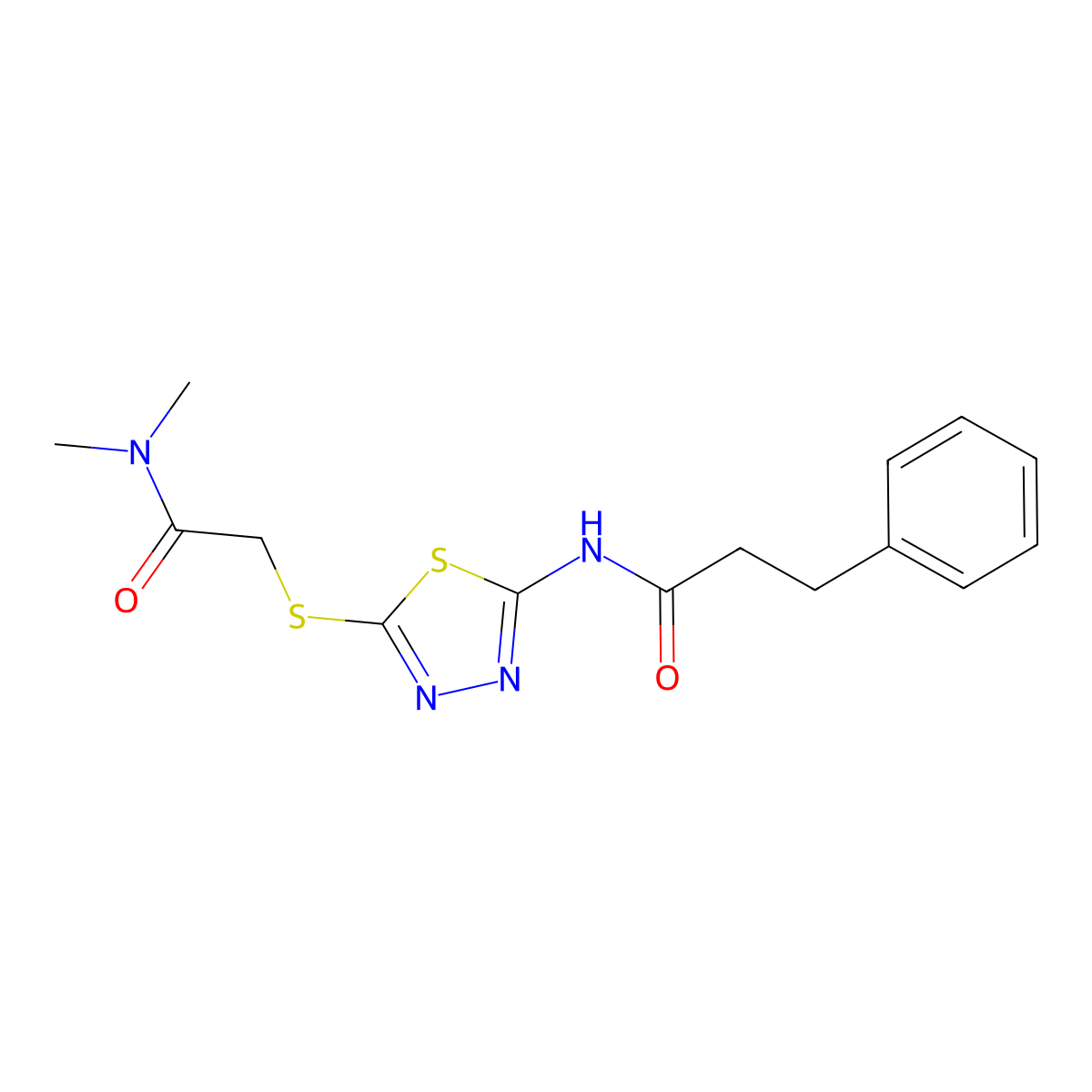 N-[5-[2-(dimethylamino)-2-oxoethyl]sulfanyl-1,3,4-thiadiazol-2-yl]-3-phenylpropanamide molecular structure, CAS 445429-74-3