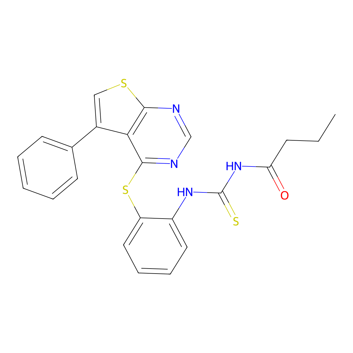 N-[[2-(5-phenylthieno[2,3-d]pyrimidin-4-yl)sulfanylphenyl]carbamothioyl]butanamide molecular structure, CAS 445434-98-0