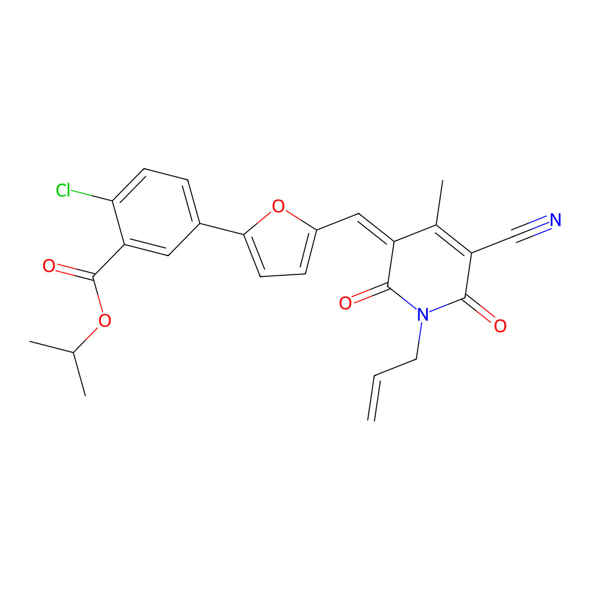 1-Methylethyl 2-chloro-5-[5-[[5-cyano-1,6-dihydro-4-methyl-2,6-dioxo-1-(2-propen-1-yl)-3(2H)-pyridinylidene]methyl]-2-furanyl]benzoate molecular structure, CAS 445455-85-6