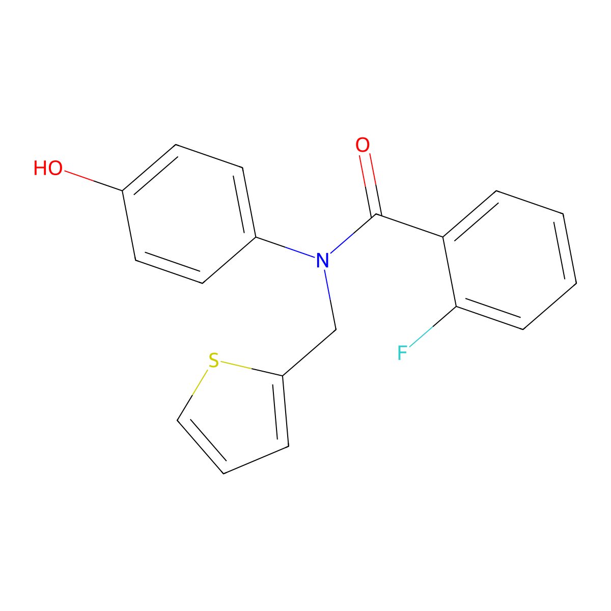 2-fluoro-N-(4-hydroxyphenyl)-N-(thiophen-2-ylmethyl)benzamide molecular structure, CAS 445456-13-3