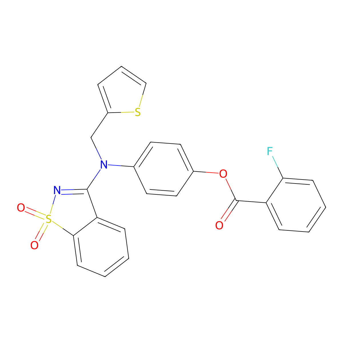 4-[(1,1-Dioxido-1,2-benzisothiazol-3-yl)(2-thienylmethyl)amino]phenyl 2-fluorobenzoate molecular structure, CAS 445456-17-7