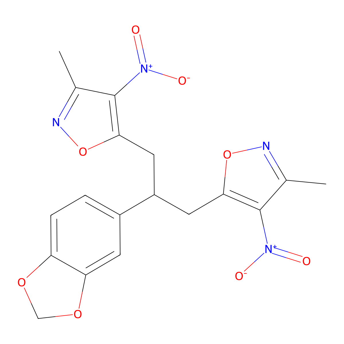 5-(2-(1,3-Benzodioxol-5-yl)-3-{4-nitro-3-methyl-5-isoxazolyl}propyl)-4-nitro-3-methylisoxazole molecular structure, CAS 445458-56-0