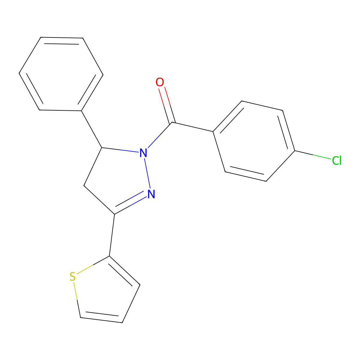 (4-Chlorophenyl)-(3-phenyl-5-thiophen-2-yl-3,4-dihydropyrazol-2-yl)methanone molecular structure, CAS 445458-65-1
