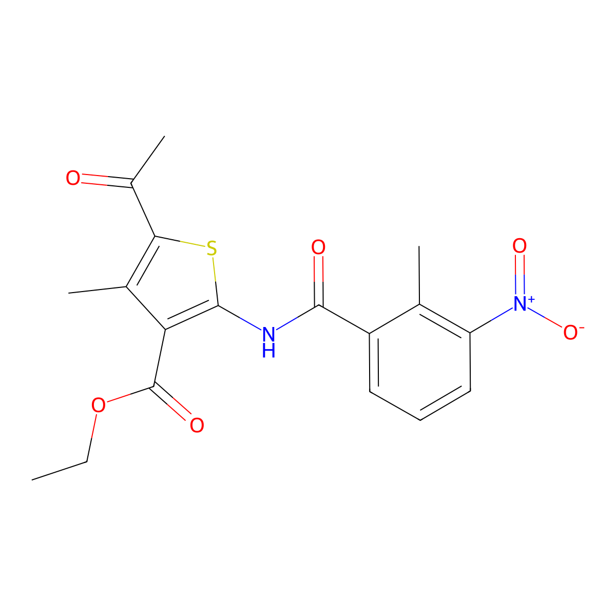 Ethyl 5-acetyl-4-methyl-2-[(2-methyl-3-nitrobenzoyl)amino]thiophene-3-carboxylate molecular structure, CAS 445464-76-6