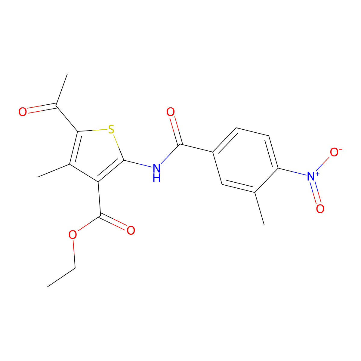 Ethyl 5-acetyl-4-methyl-2-[(3-methyl-4-nitrobenzoyl)amino]thiophene-3-carboxylate molecular structure, CAS 445464-96-0