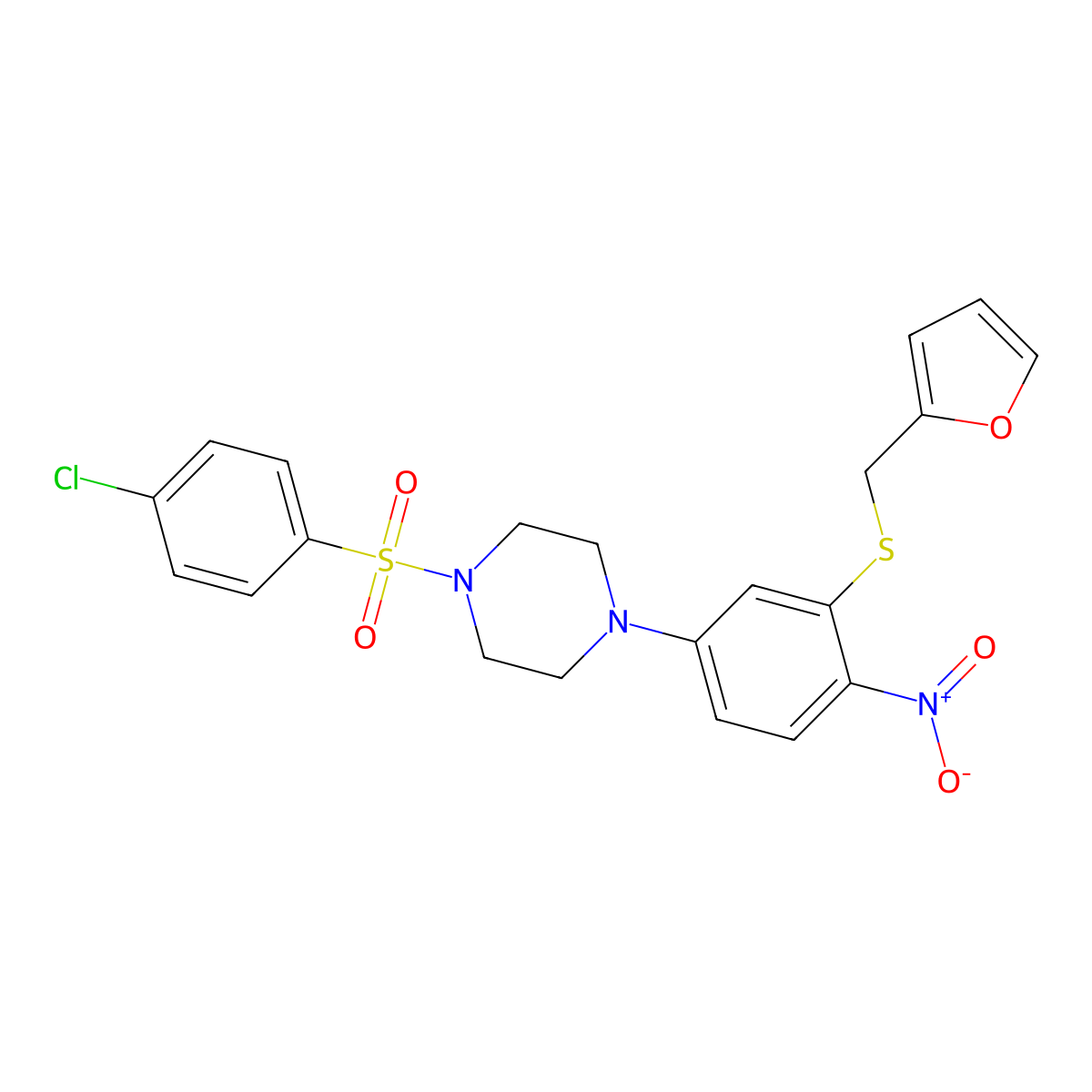 1-(4-Chlorophenyl)sulfonyl-4-[3-(furan-2-ylmethylsulfanyl)-4-nitrophenyl]piperazine molecular structure, CAS 446038-83-1
