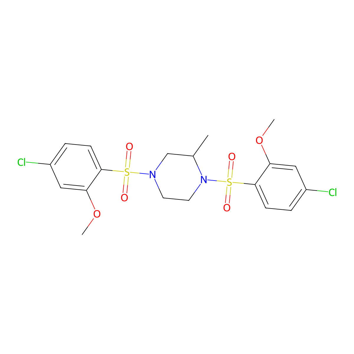 1,4-Bis[(4-chloro-2-methoxyphenyl)sulfonyl]-2-methylpiperazine molecular structure, CAS 446051-81-6