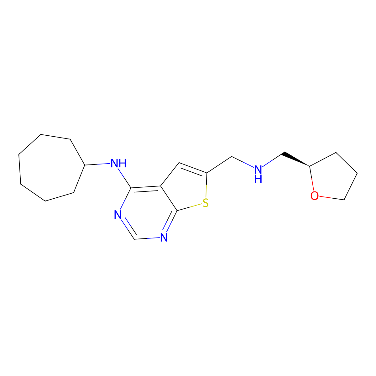 N-cycloheptyl-6-[[[(2R)-oxolan-2-yl]methylamino]methyl]thieno[2,3-d]pyrimidin-4-amine molecular structure, CAS 446257-23-4