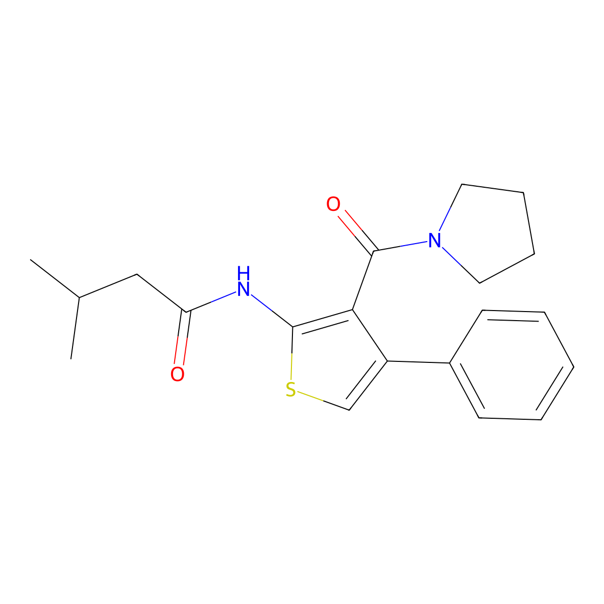 3-methyl-N-(4-phenyl-3-(pyrrolidine-1-carbonyl)thiophen-2-yl)butanamide molecular structure, CAS 446258-17-9