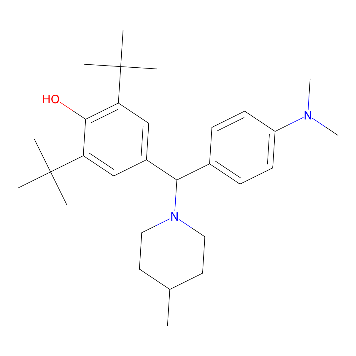 2,6-Di-tert-butyl-4-((4-(dimethylamino)phenyl)(4-methylpiperidin-1-yl)methyl)phenol molecular structure, CAS 446269-79-0
