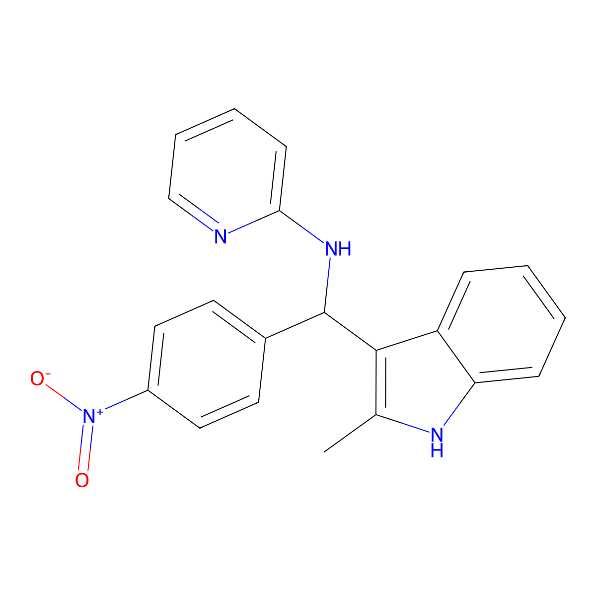 N-((2-methyl-1H-indol-3-yl)(4-nitrophenyl)methyl)pyridin-2-amine molecular structure, CAS 446270-01-5