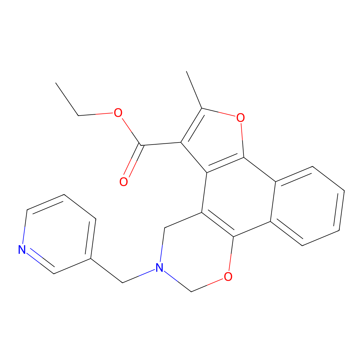 ethyl 6-methyl-3-(pyridin-3-ylmethyl)-3,4-dihydro-2H-furo[3',2':3,4]naphtho[2,1-e][1,3]oxazine-5-carboxylate molecular structure, CAS 446270-30-0