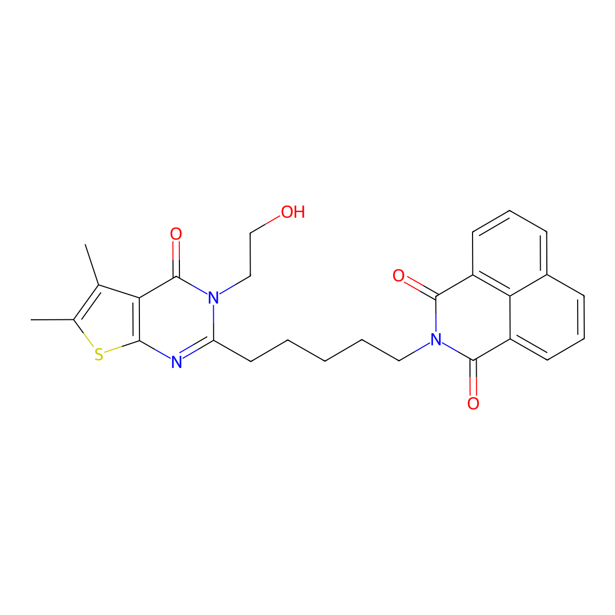 2-(5-(3-(2-hydroxyethyl)-5,6-dimethyl-4-oxo-3,4-dihydrothieno[2,3-d]pyrimidin-2-yl)pentyl)-1H-benzo[de]isoquinoline-1,3(2H)-dione molecular structure, CAS 446278-61-1